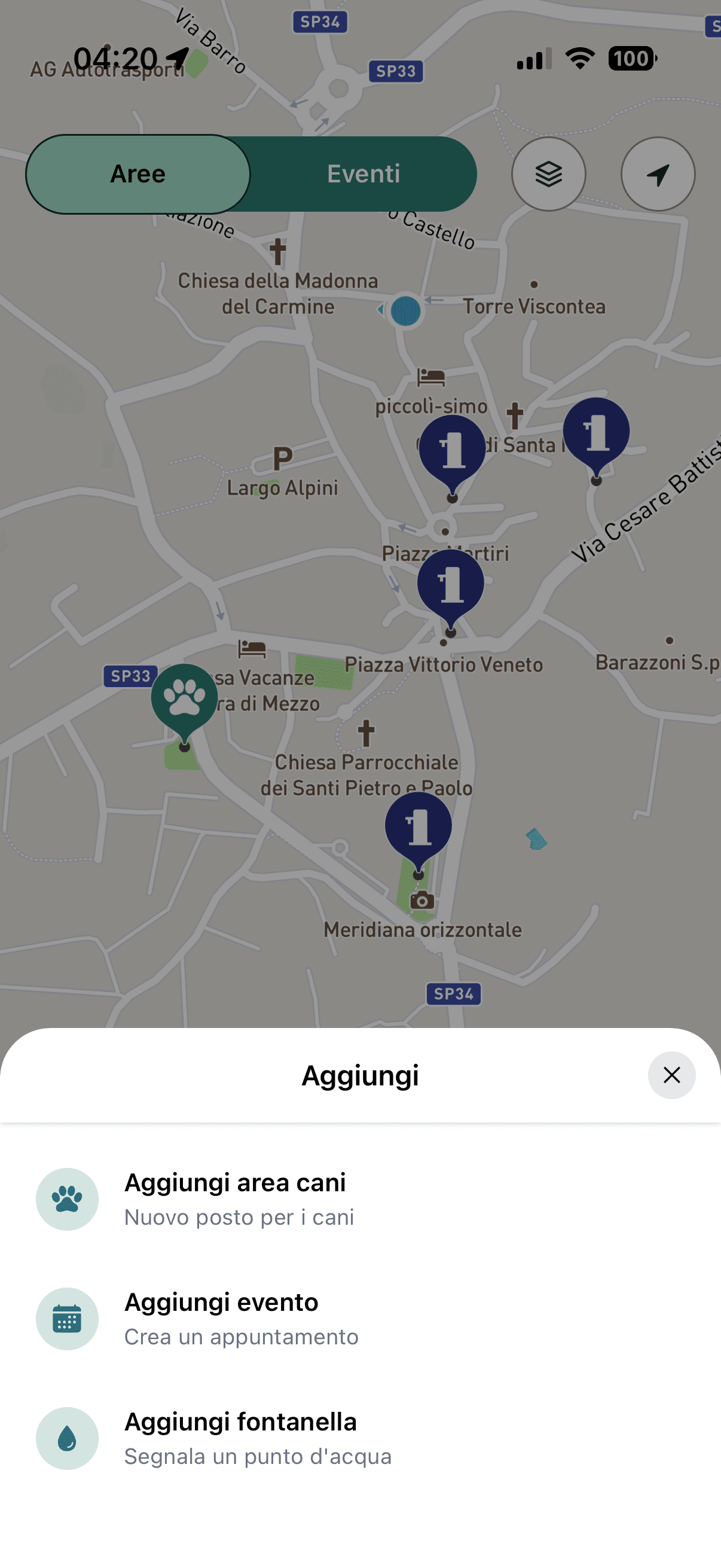 Menu di Barks per aggiungere un'area cani, un evento o una fontanella.